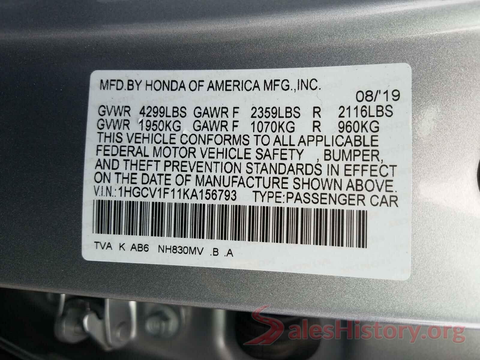 1HGCV1F11KA156793 2019 HONDA ACCORD