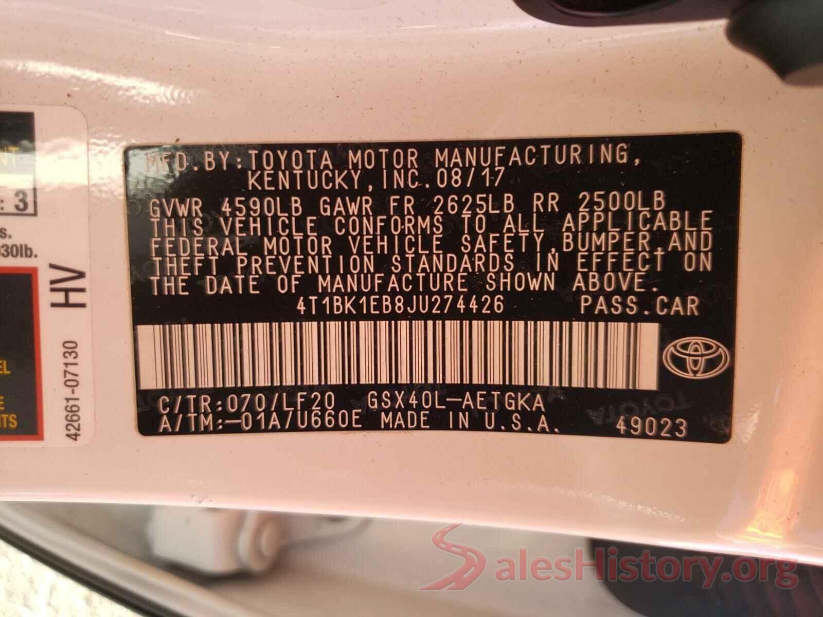 4T1BK1EB8JU274426 2018 TOYOTA AVALON