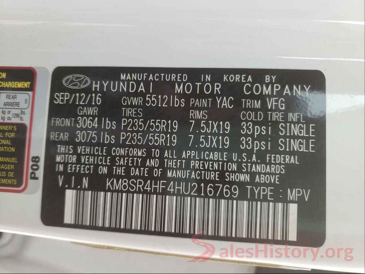 KM8SR4HF4HU216769 2017 HYUNDAI SANTA FE