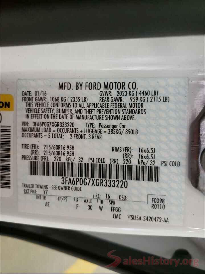 3FA6P0G7XGR333220 2016 FORD FUSION