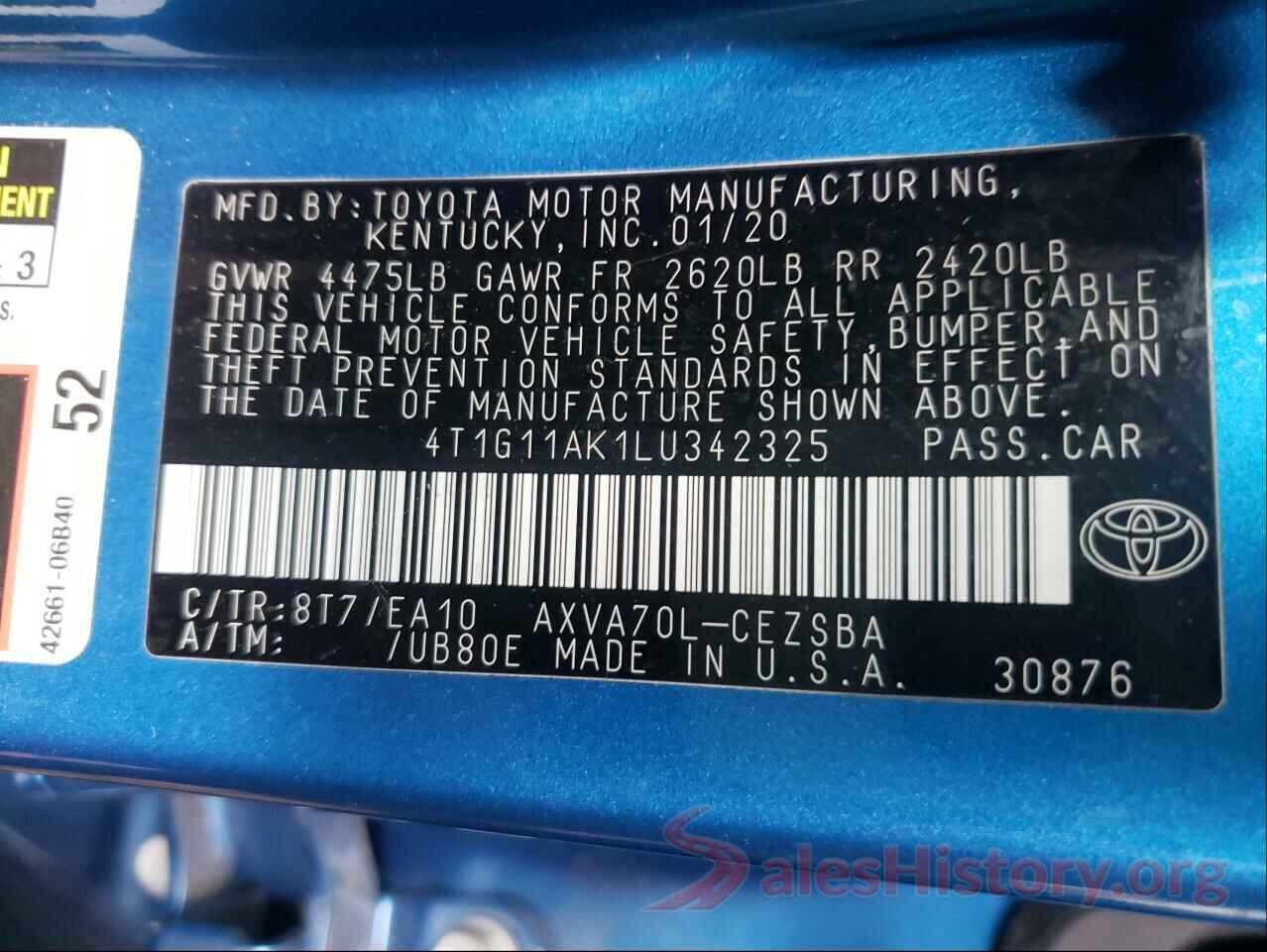 4T1G11AK1LU342325 2020 TOYOTA CAMRY