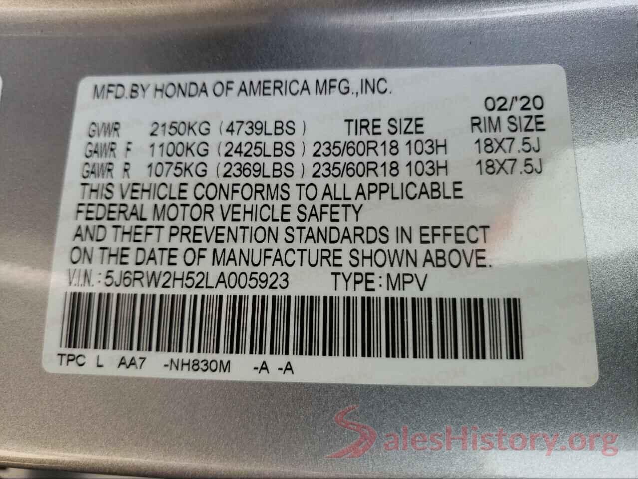 5J6RW2H52LA005923 2020 HONDA CRV