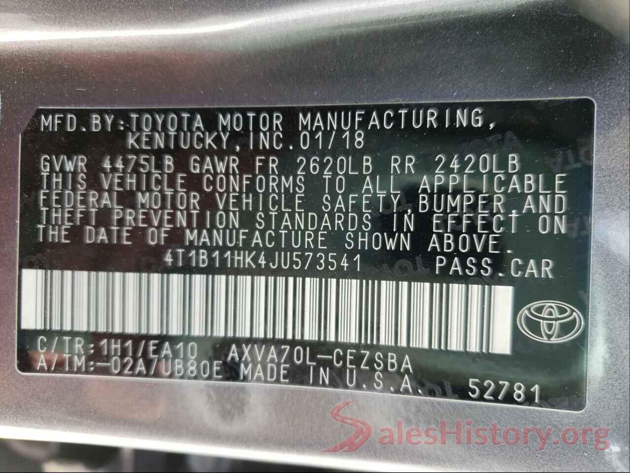 4T1B11HK4JU573541 2018 TOYOTA CAMRY