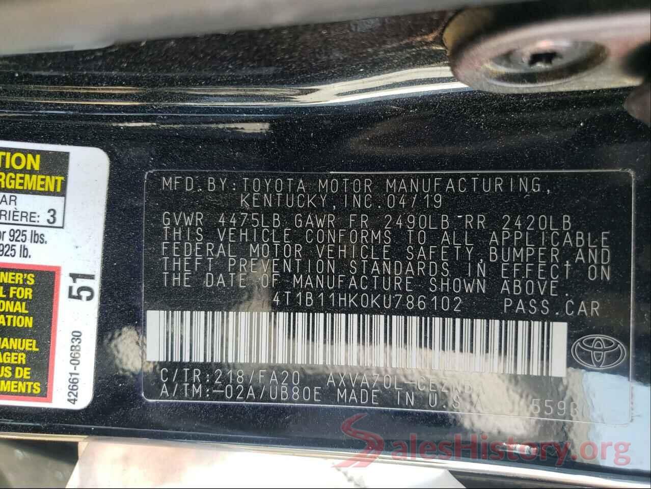 4T1B11HK0KU786102 2019 TOYOTA CAMRY