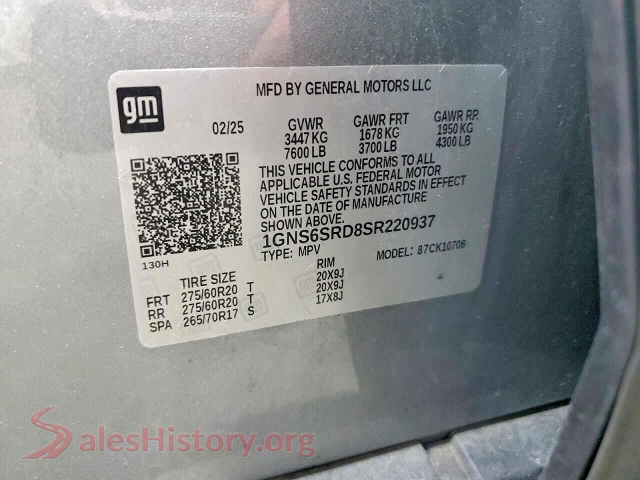 2025 CHEVROLET TAHOE VIN 1GNS6SRD8SR220937, trunk area