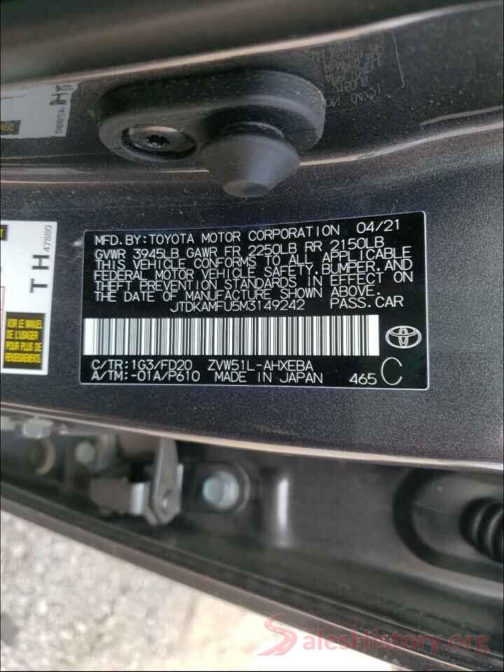 JTDKAMFU5M3149242 2021 TOYOTA PRIUS