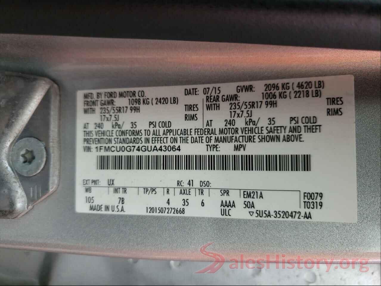 1FMCU0G74GUA43064 2016 FORD ESCAPE