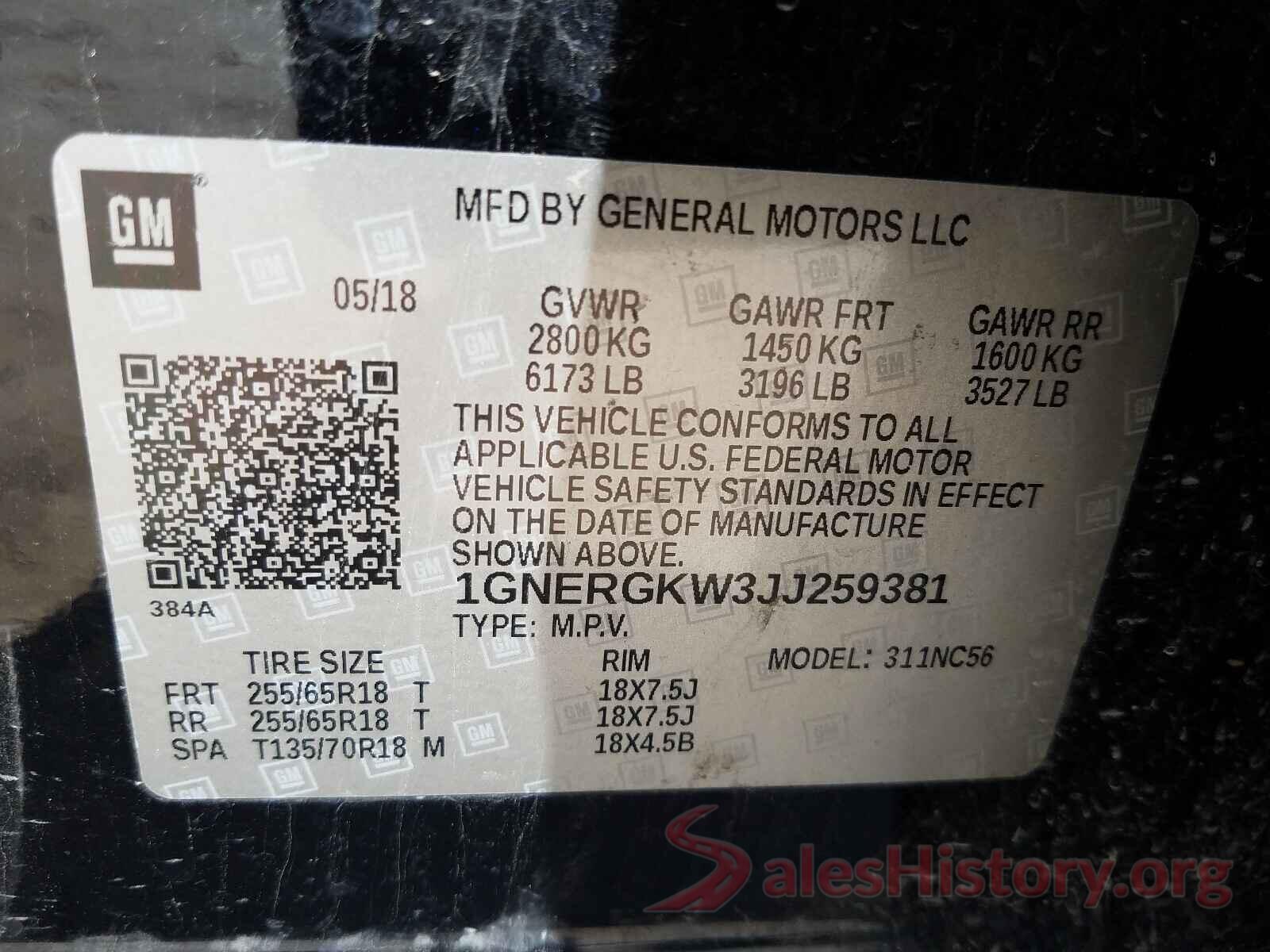 1GNERGKW3JJ259381 2018 CHEVROLET TRAVERSE