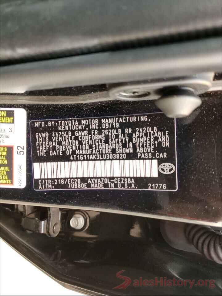 4T1G11AK3LU303820 2020 TOYOTA CAMRY