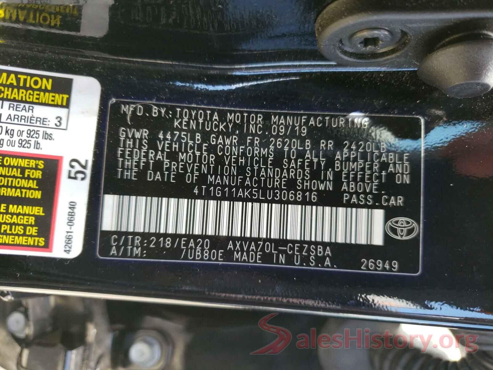 4T1G11AK5LU306816 2020 TOYOTA CAMRY