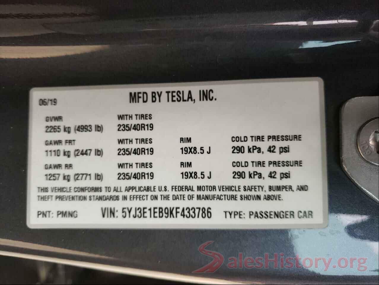 5YJ3E1EB9KF433786 2019 TESLA MODEL 3