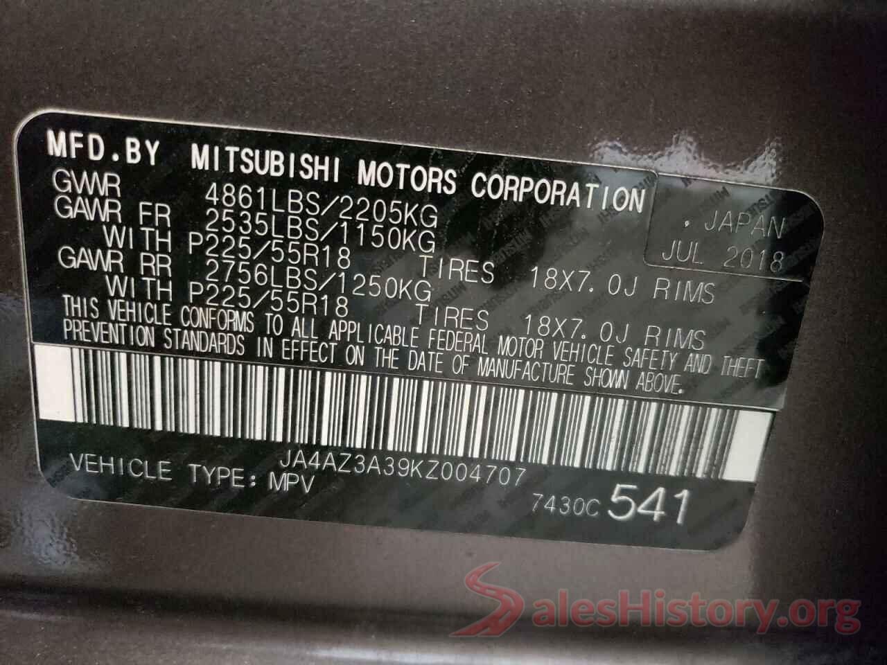 JA4AZ3A39KZ004707 2019 MITSUBISHI OUTLANDER