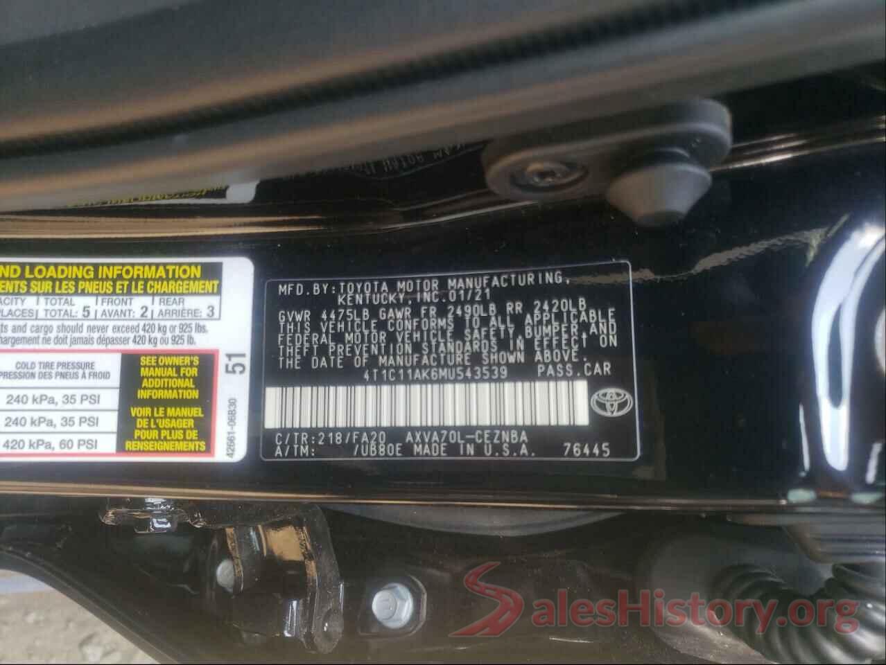 4T1C11AK6MU543539 2021 TOYOTA CAMRY