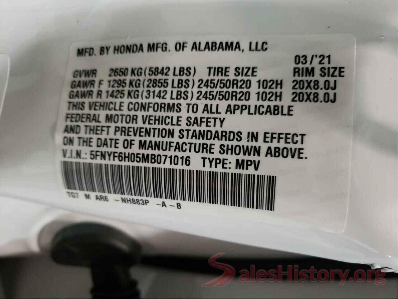 5FNYF6H05MB071016 2021 HONDA PILOT