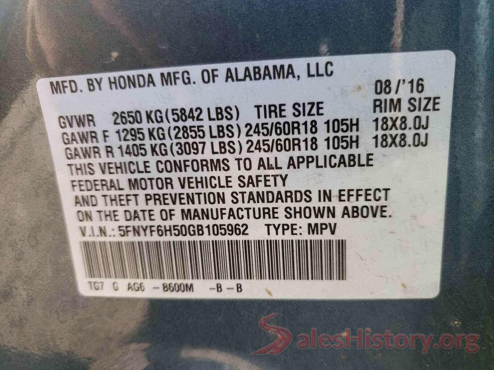 5FNYF6H50GB105962 2016 HONDA PILOT