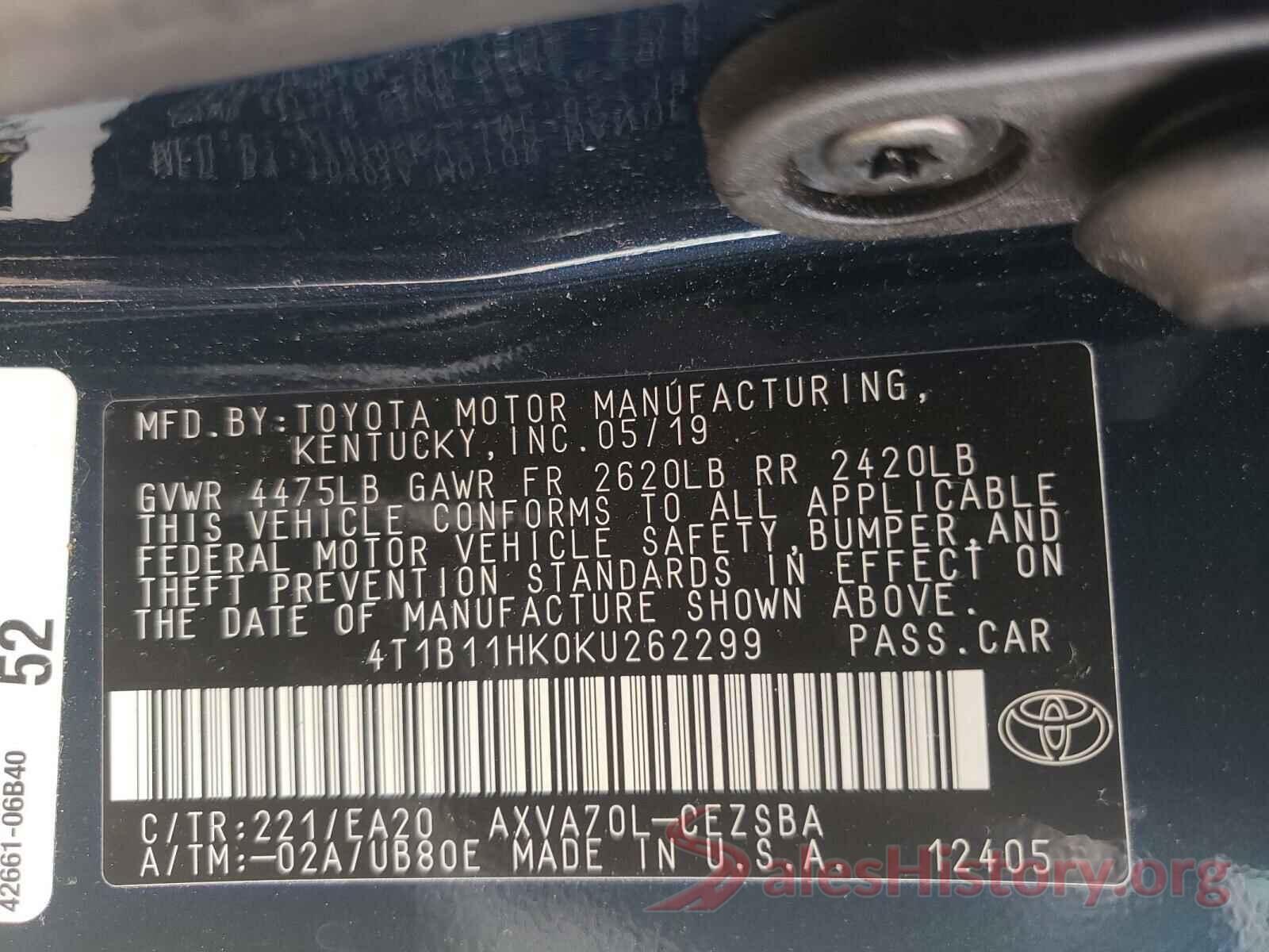 4T1B11HK0KU262299 2019 TOYOTA CAMRY