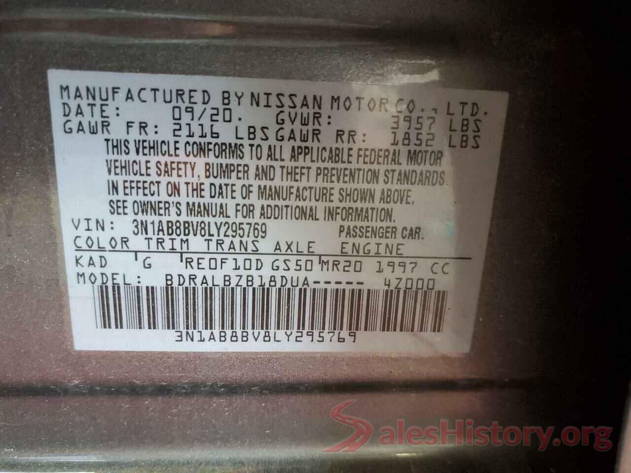 3N1AB8BV8LY295769 2020 NISSAN SENTRA