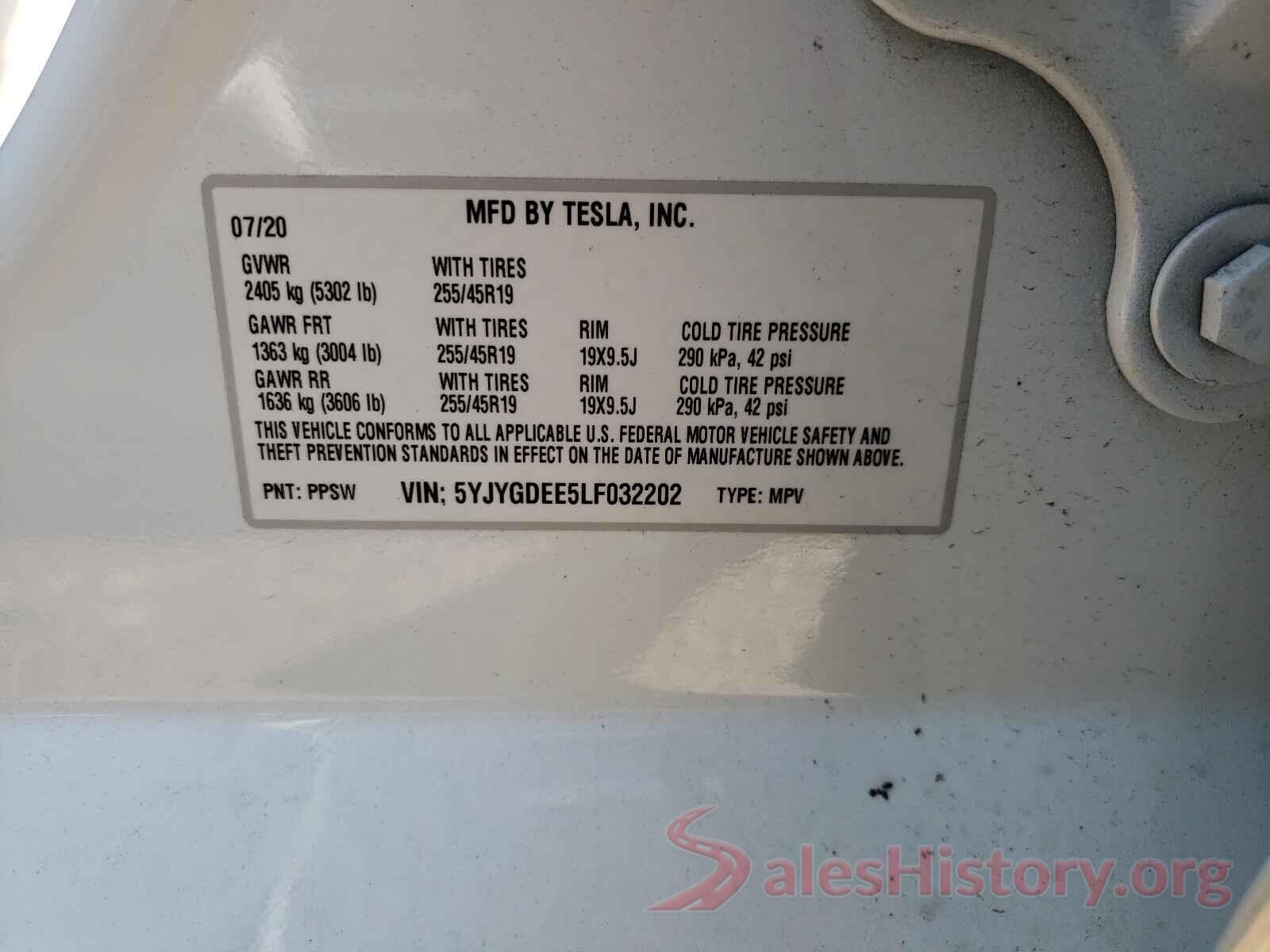 5YJYGDEE5LF032202 2020 TESLA MODEL Y