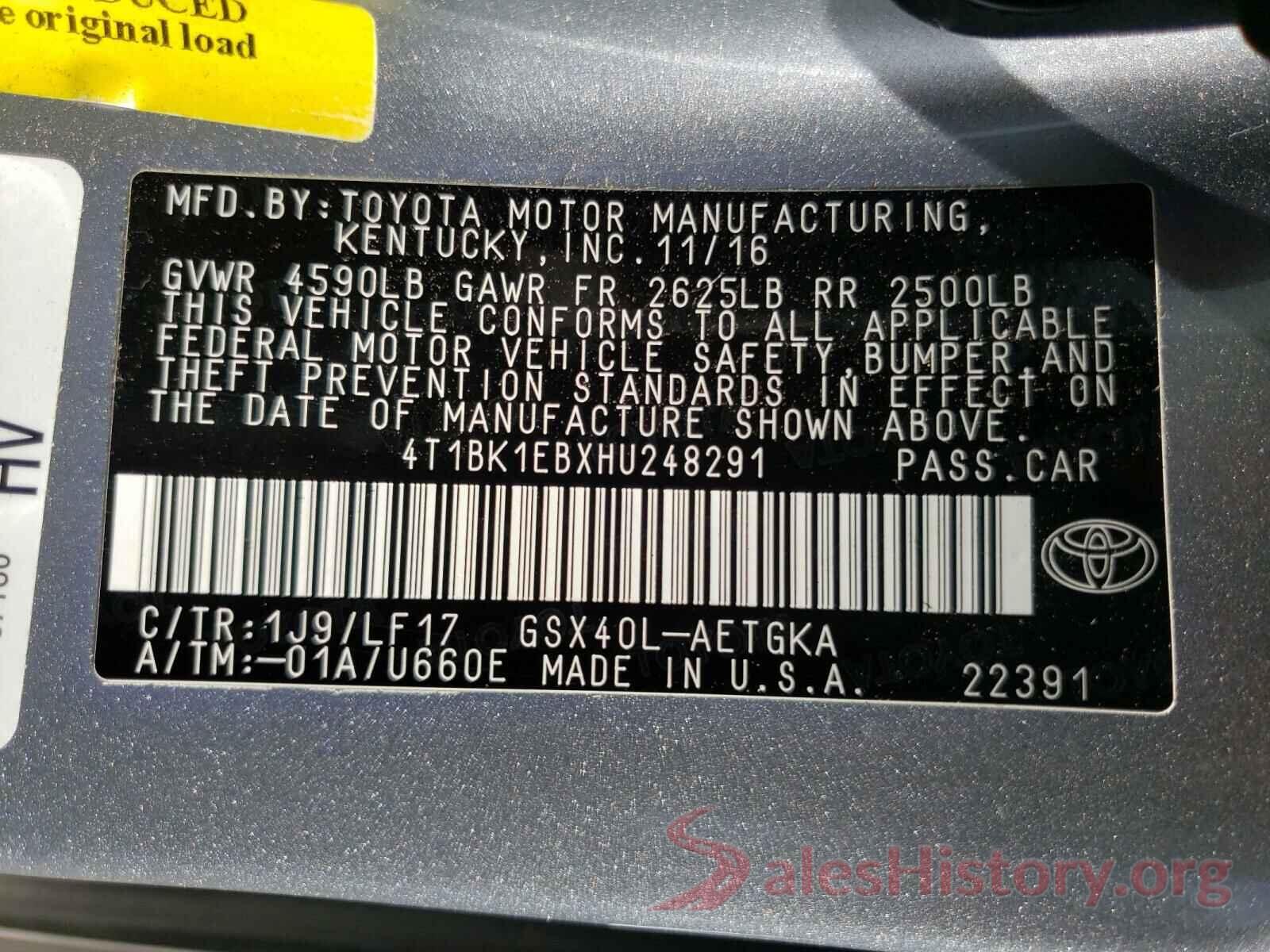 4T1BK1EBXHU248291 2017 TOYOTA AVALON