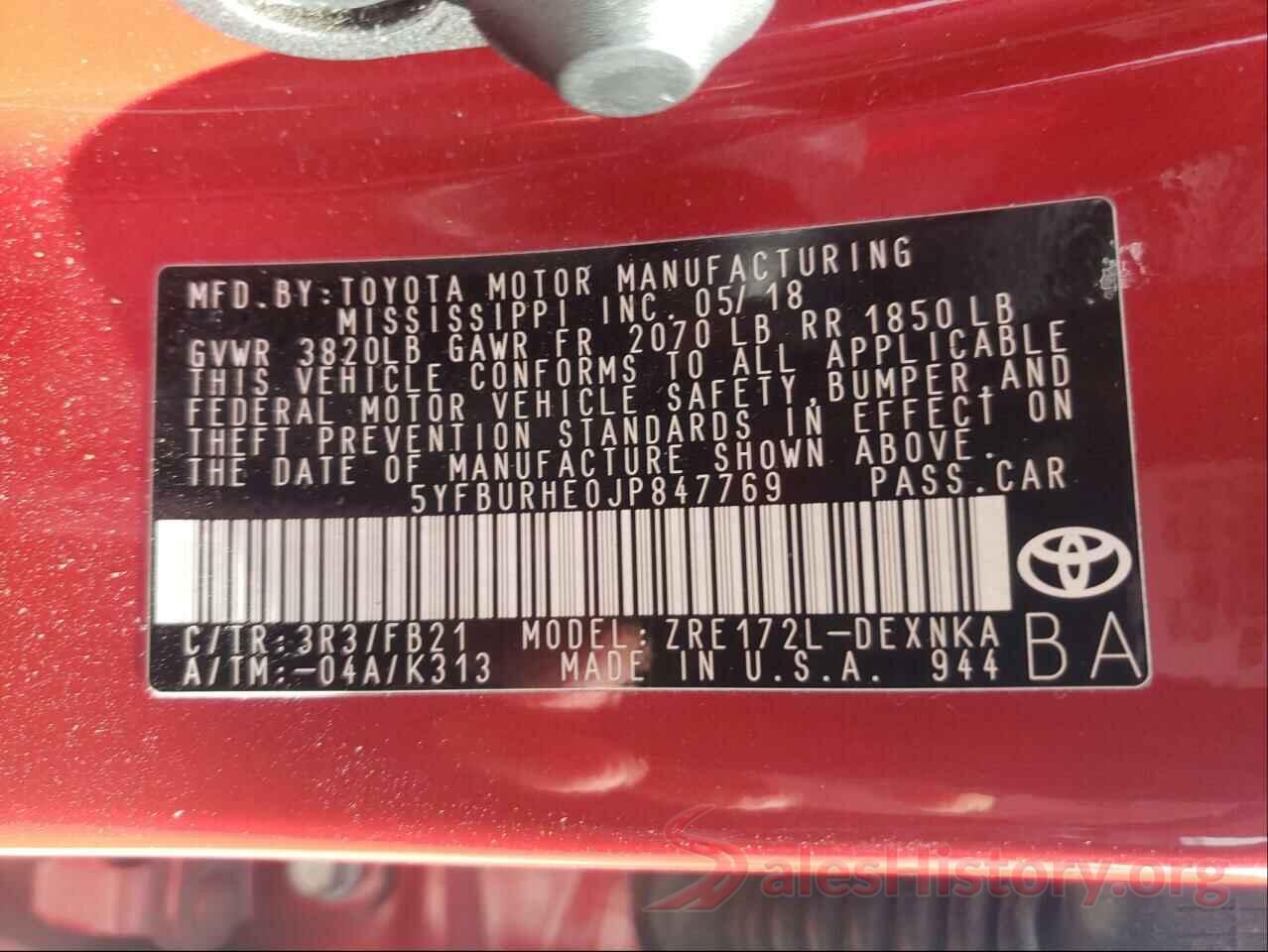 5YFBURHE0JP847769 2018 TOYOTA COROLLA