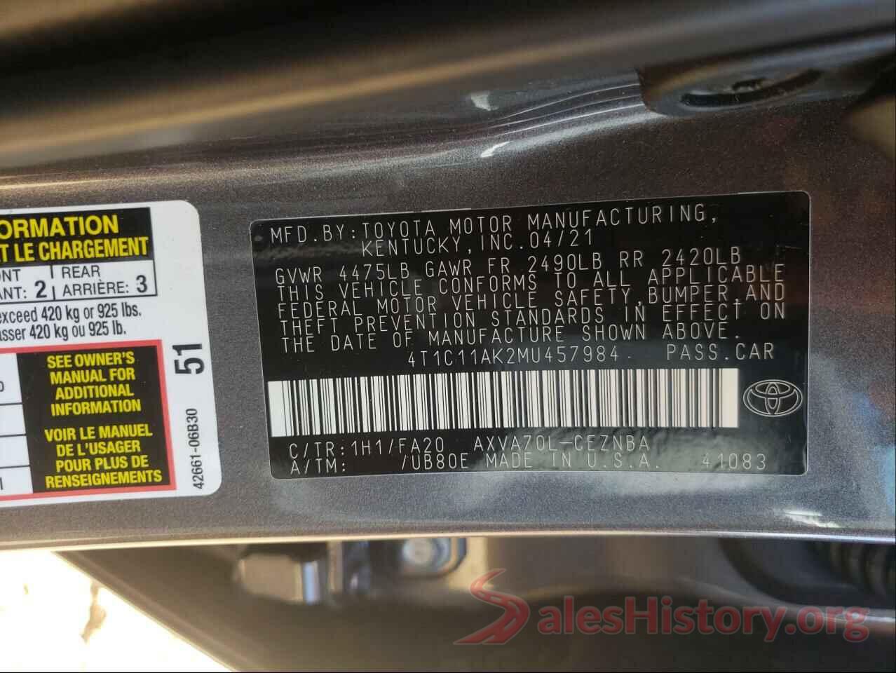 4T1C11AK2MU457984 2021 TOYOTA CAMRY