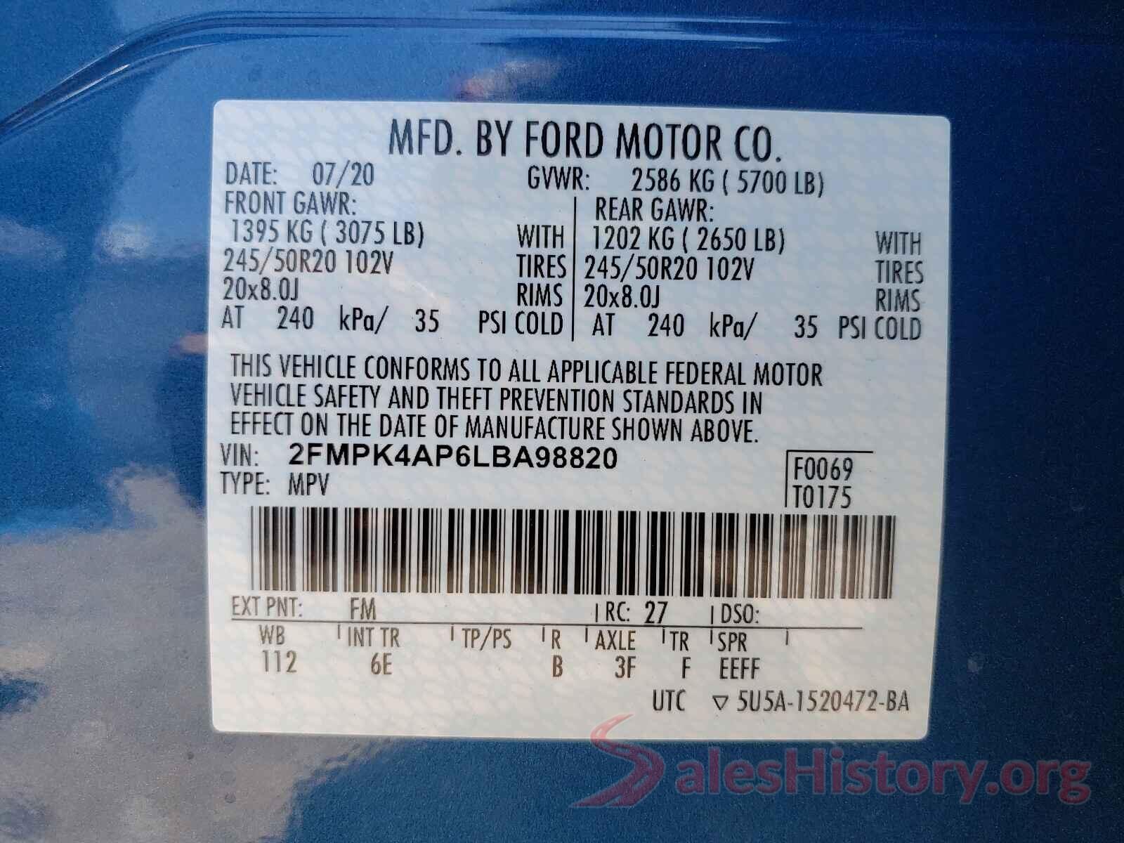 2FMPK4AP6LBA98820 2020 FORD EDGE