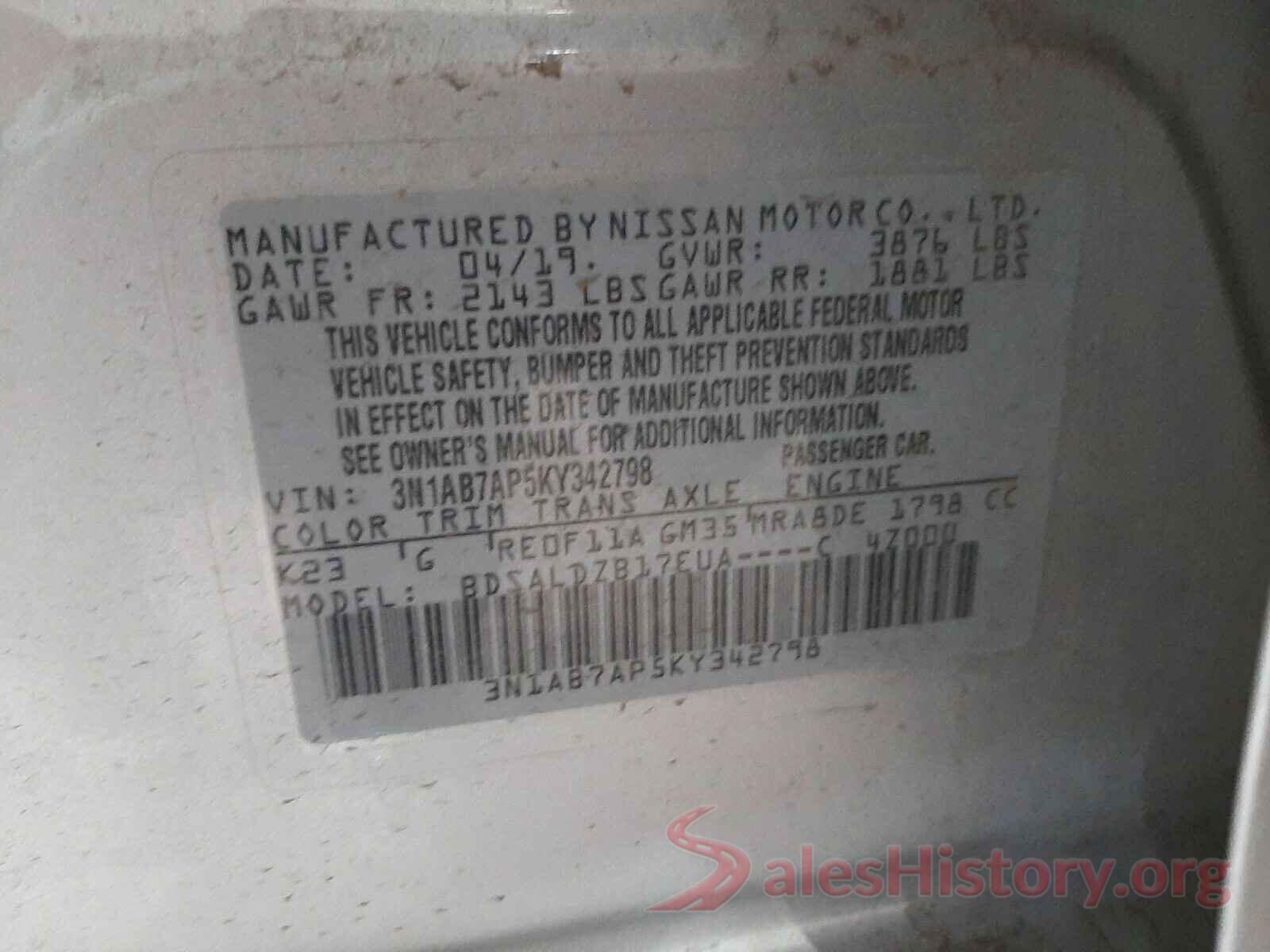 3N1AB7AP5KY342798 2019 NISSAN SENTRA