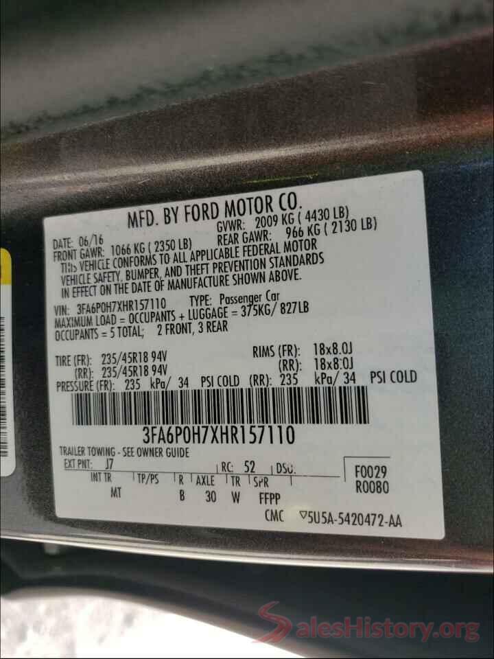 3FA6P0H7XHR157110 2017 FORD FUSION