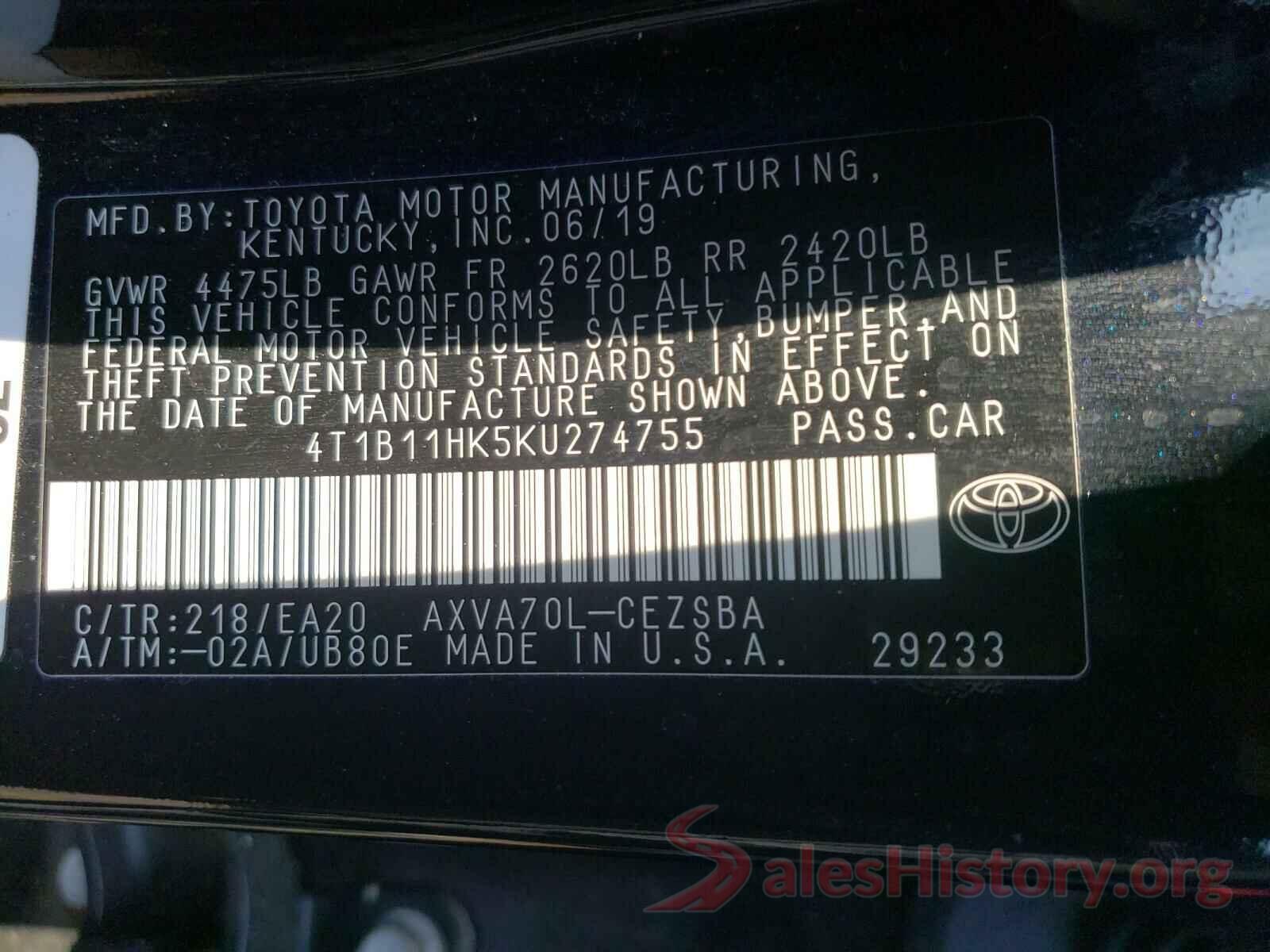 4T1B11HK5KU274755 2019 TOYOTA CAMRY