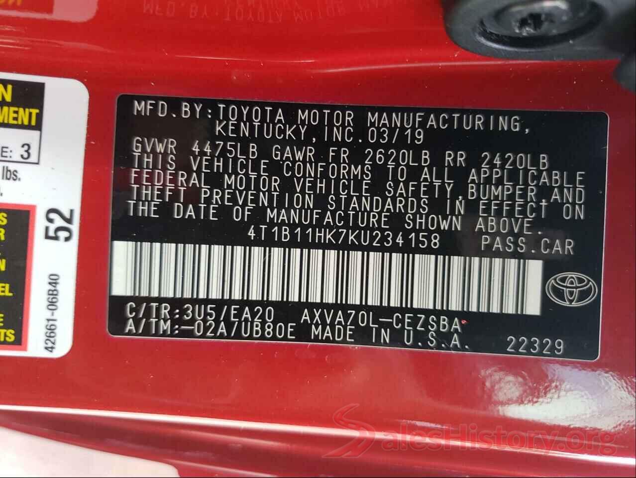 4T1B11HK7KU234158 2019 TOYOTA CAMRY