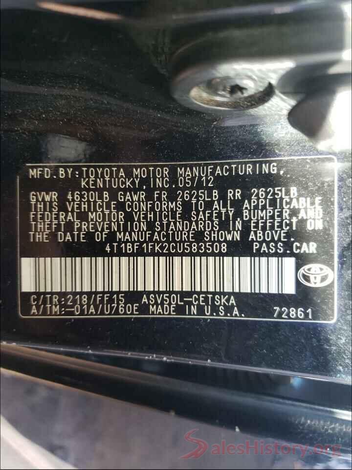 4T1BF1FK2CU583508 2012 TOYOTA CAMRY