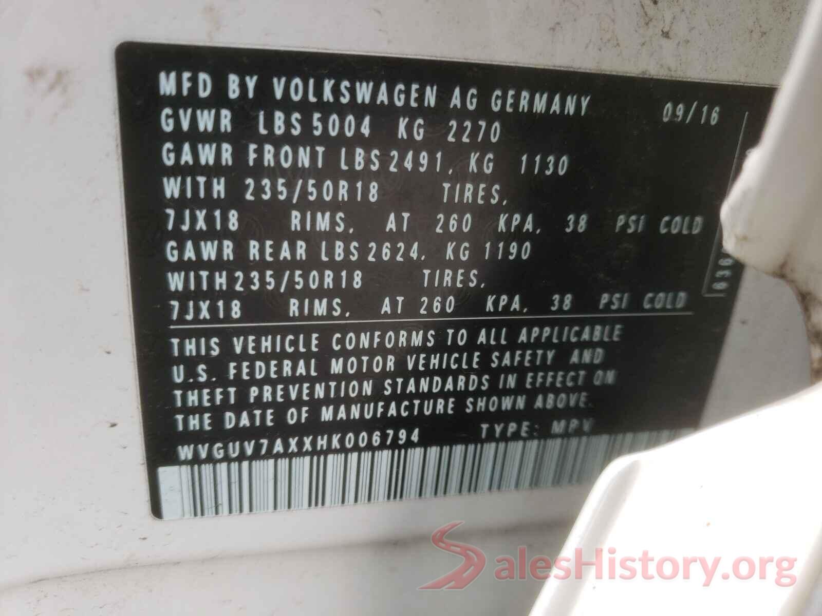 WVGUV7AXXHK006794 2017 VOLKSWAGEN TIGUAN