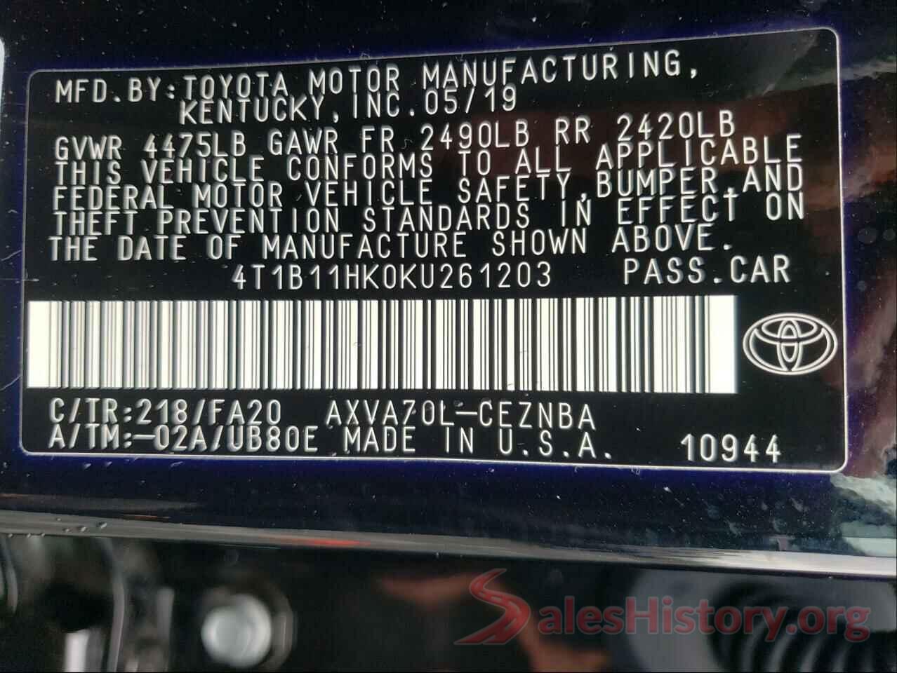 4T1B11HK0KU261203 2019 TOYOTA CAMRY