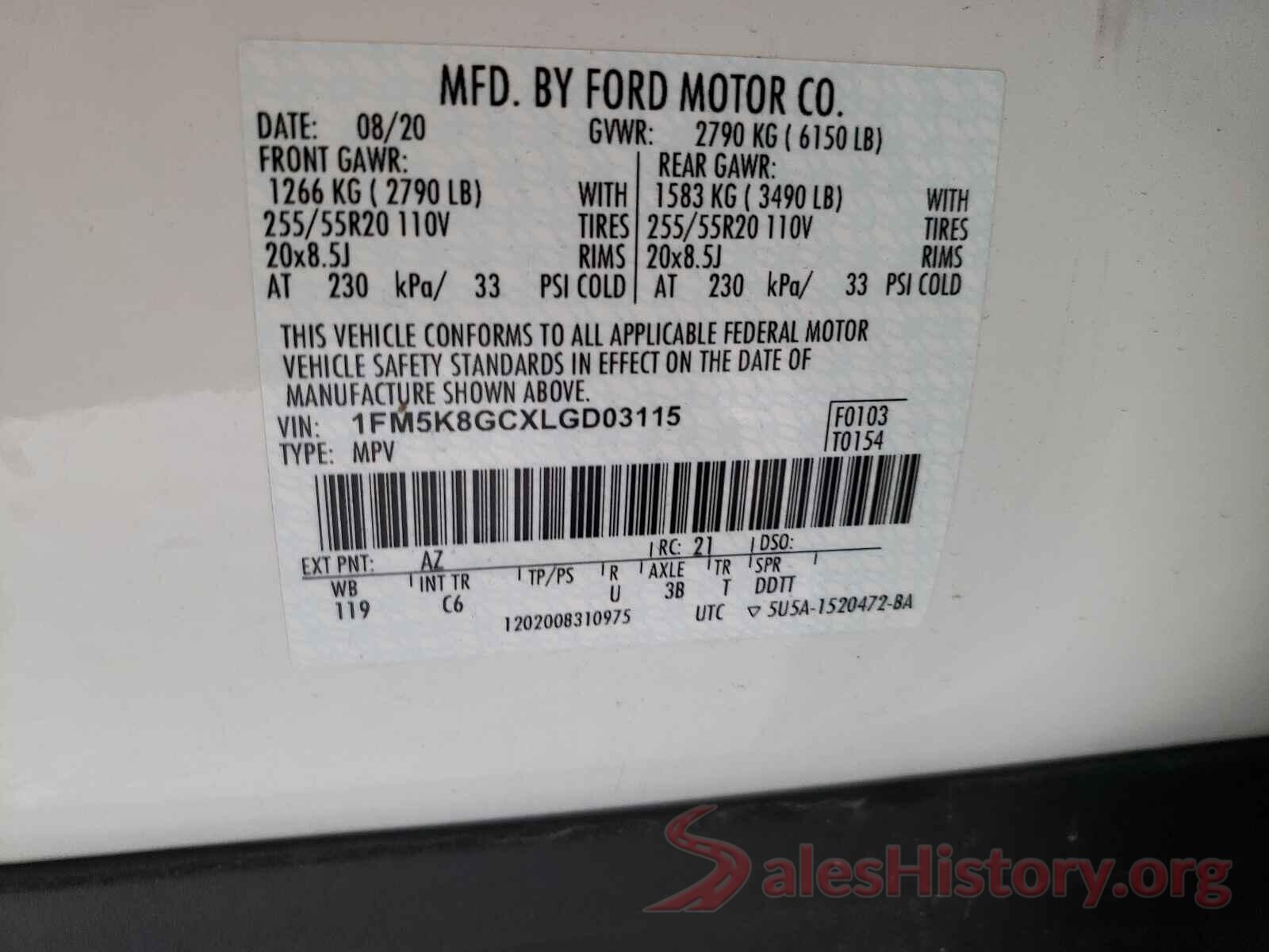 1FM5K8GCXLGD03115 2020 FORD EXPLORER