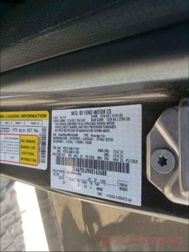 3FA6P0LU9KR162688 2019 FORD FUSION