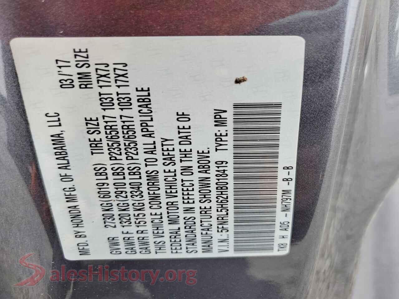 2017 HONDA ODYSSEY VIN 5FNRL5H62HB018419, trunk area