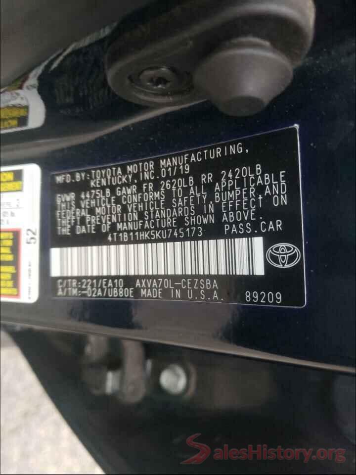 4T1B11HK5KU745173 2019 TOYOTA CAMRY