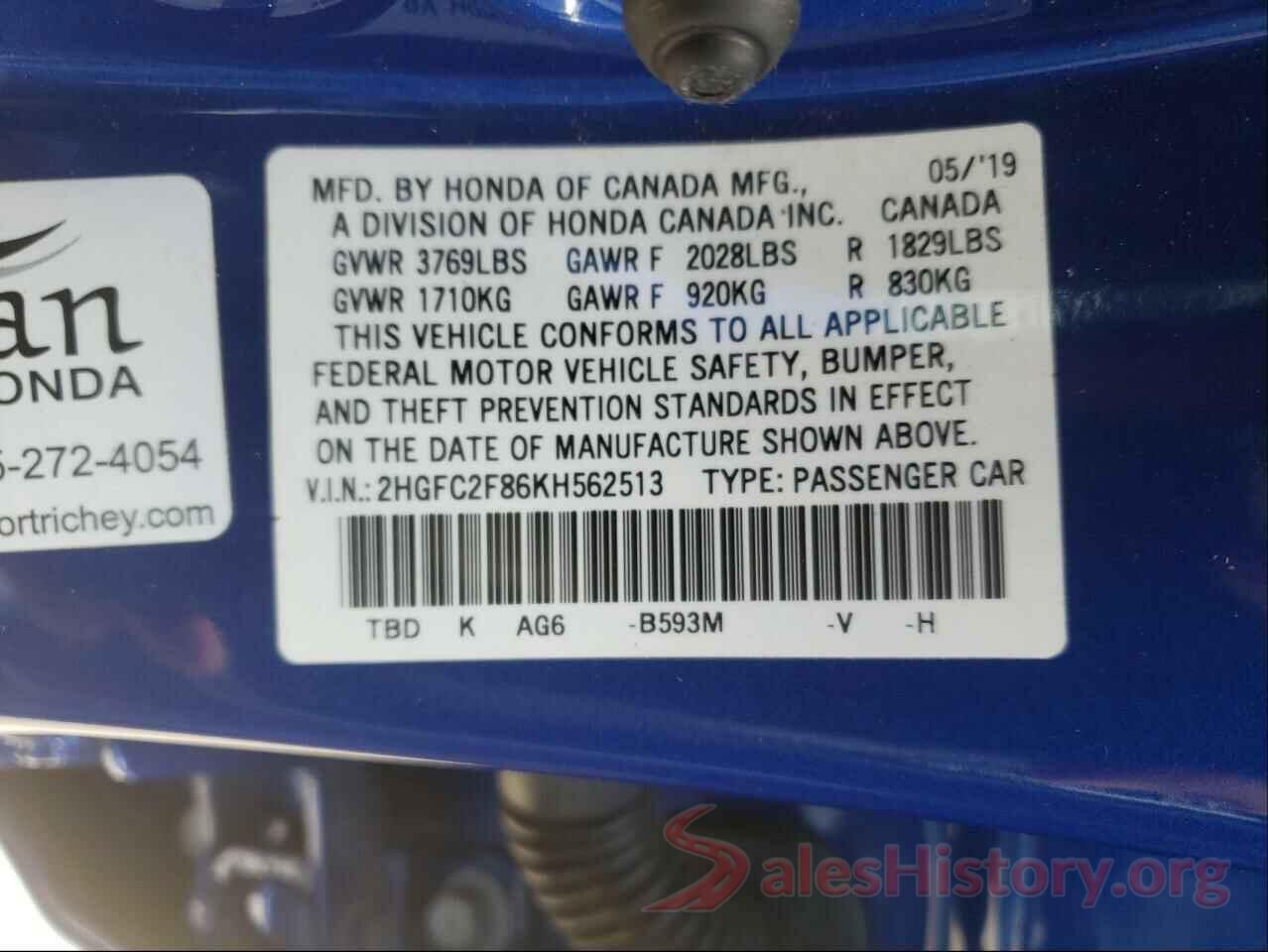 2HGFC2F86KH562513 2019 HONDA CIVIC