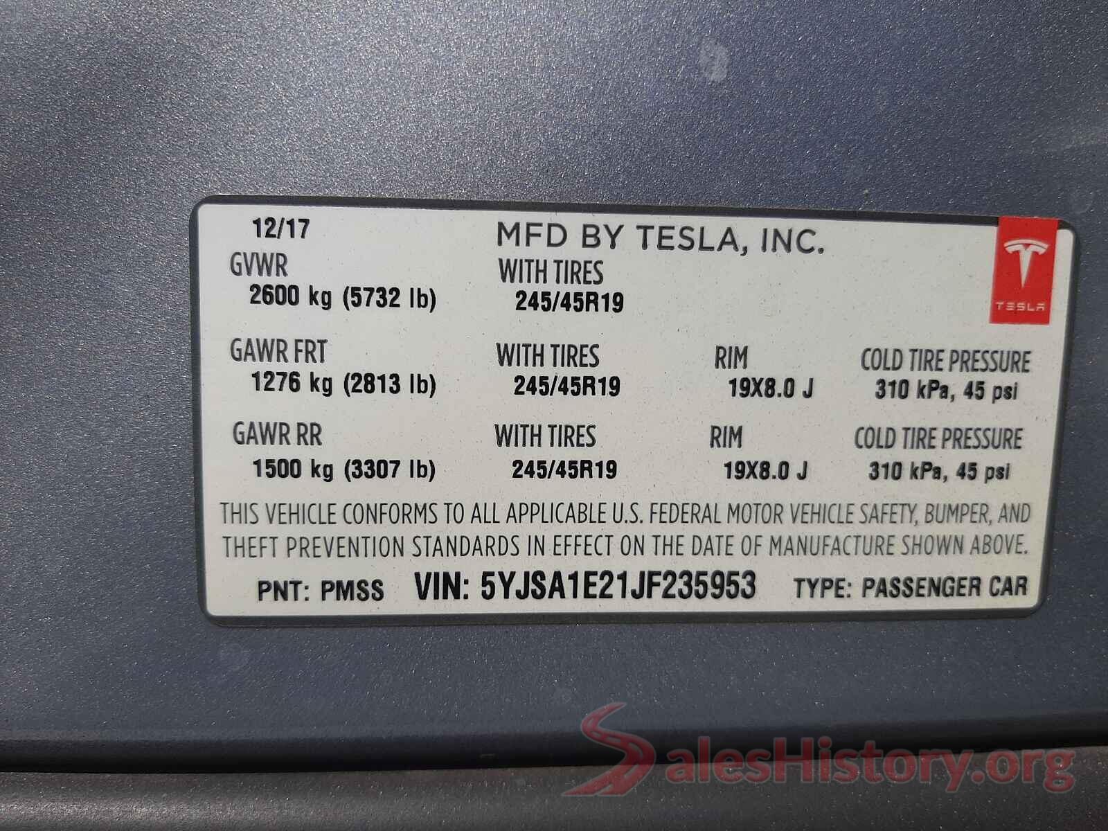 5YJSA1E21JF235953 2018 TESLA MODEL S