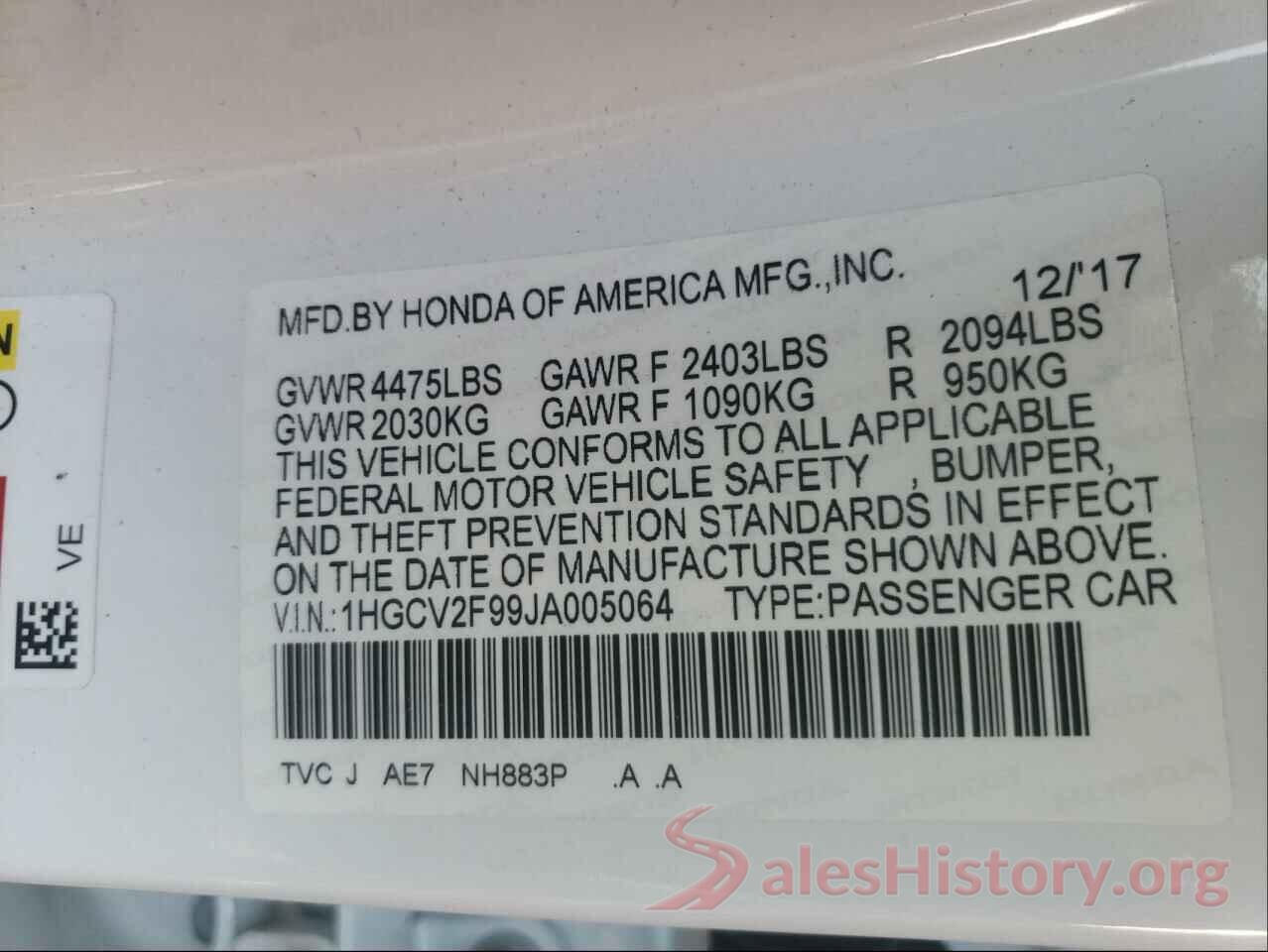 1HGCV2F99JA005064 2018 HONDA ACCORD