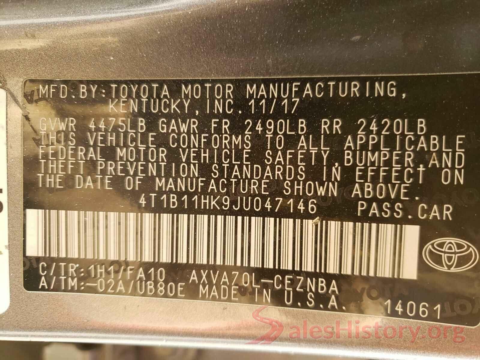 4T1B11HK9JU047146 2018 TOYOTA CAMRY