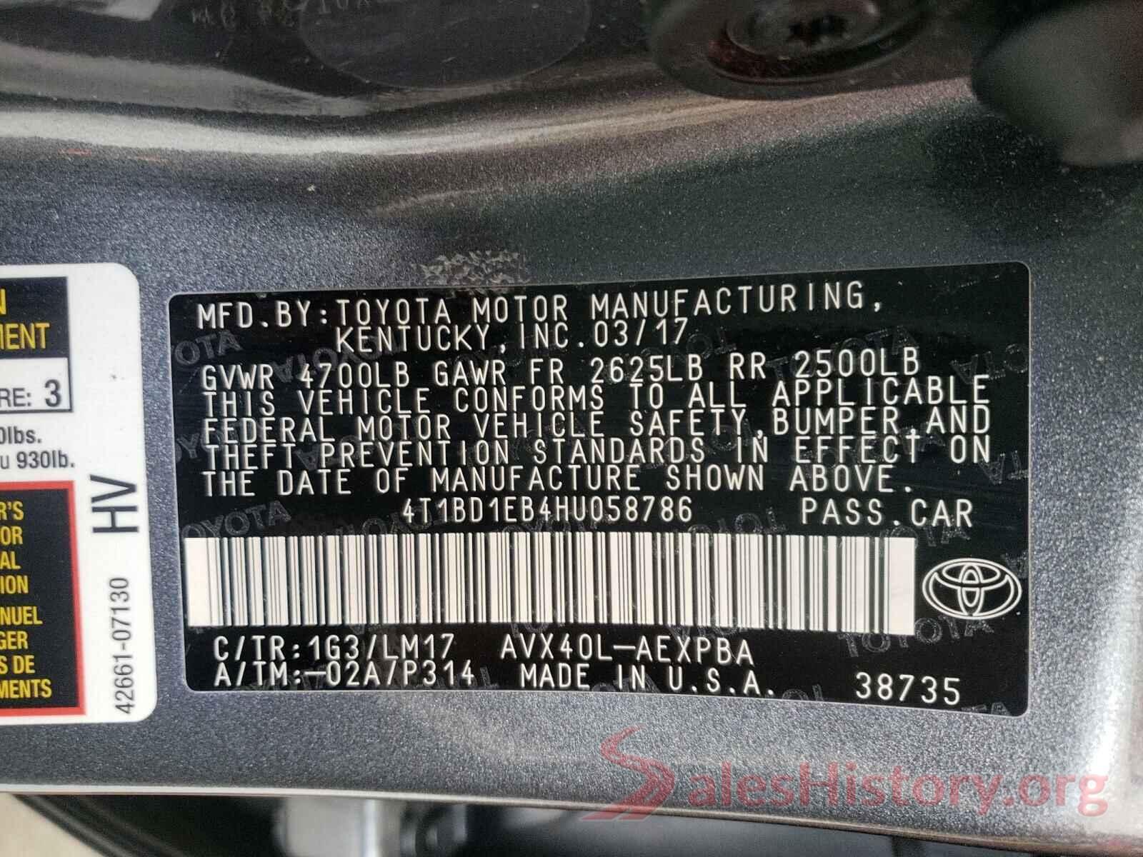 4T1BD1EB4HU058786 2017 TOYOTA AVALON