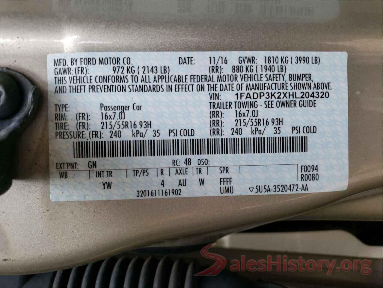 1FADP3K2XHL204320 2017 FORD FOCUS