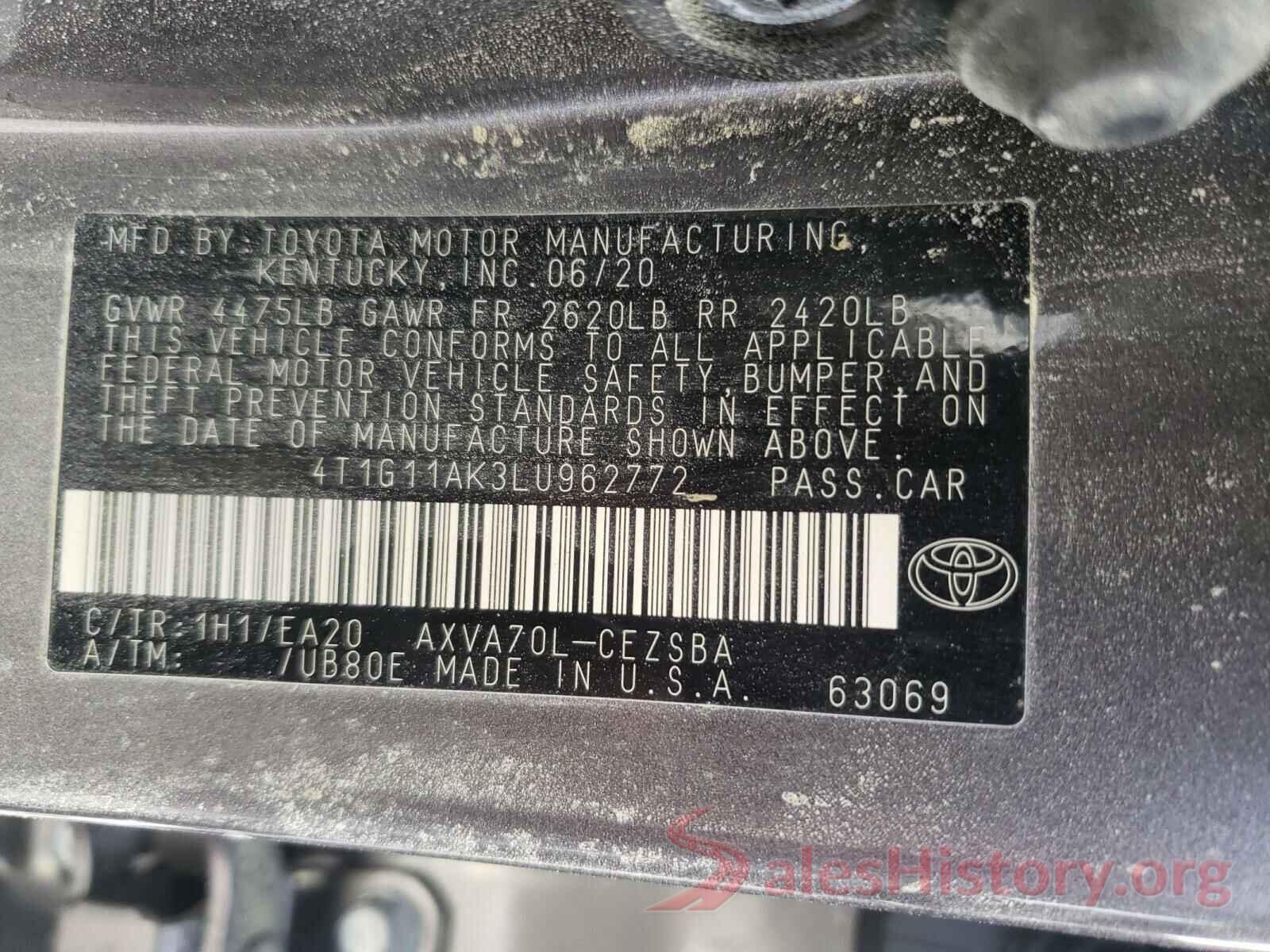 4T1G11AK3LU962772 2020 TOYOTA CAMRY