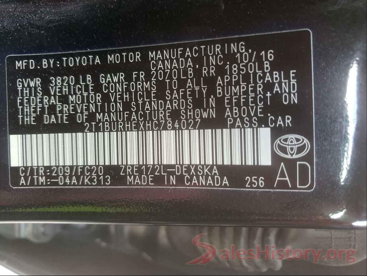 2T1BURHEXHC784027 2017 TOYOTA COROLLA