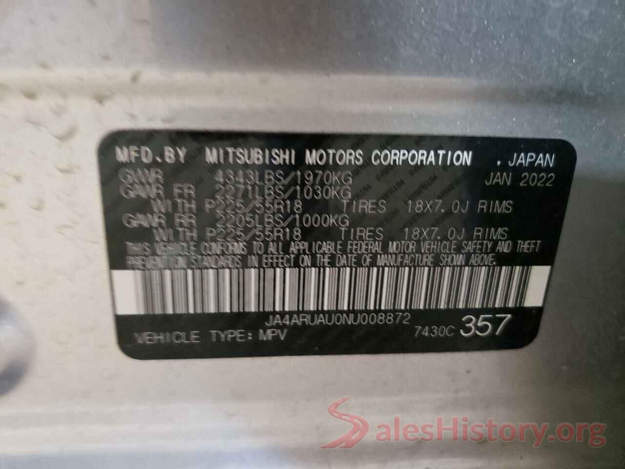 JA4ARUAU0NU008872 2022 MITSUBISHI OUTLANDER