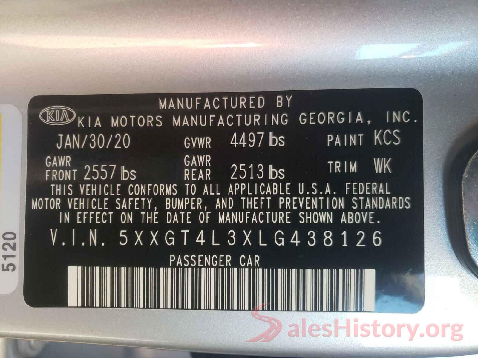 5XXGT4L3XLG438126 2020 KIA OPTIMA