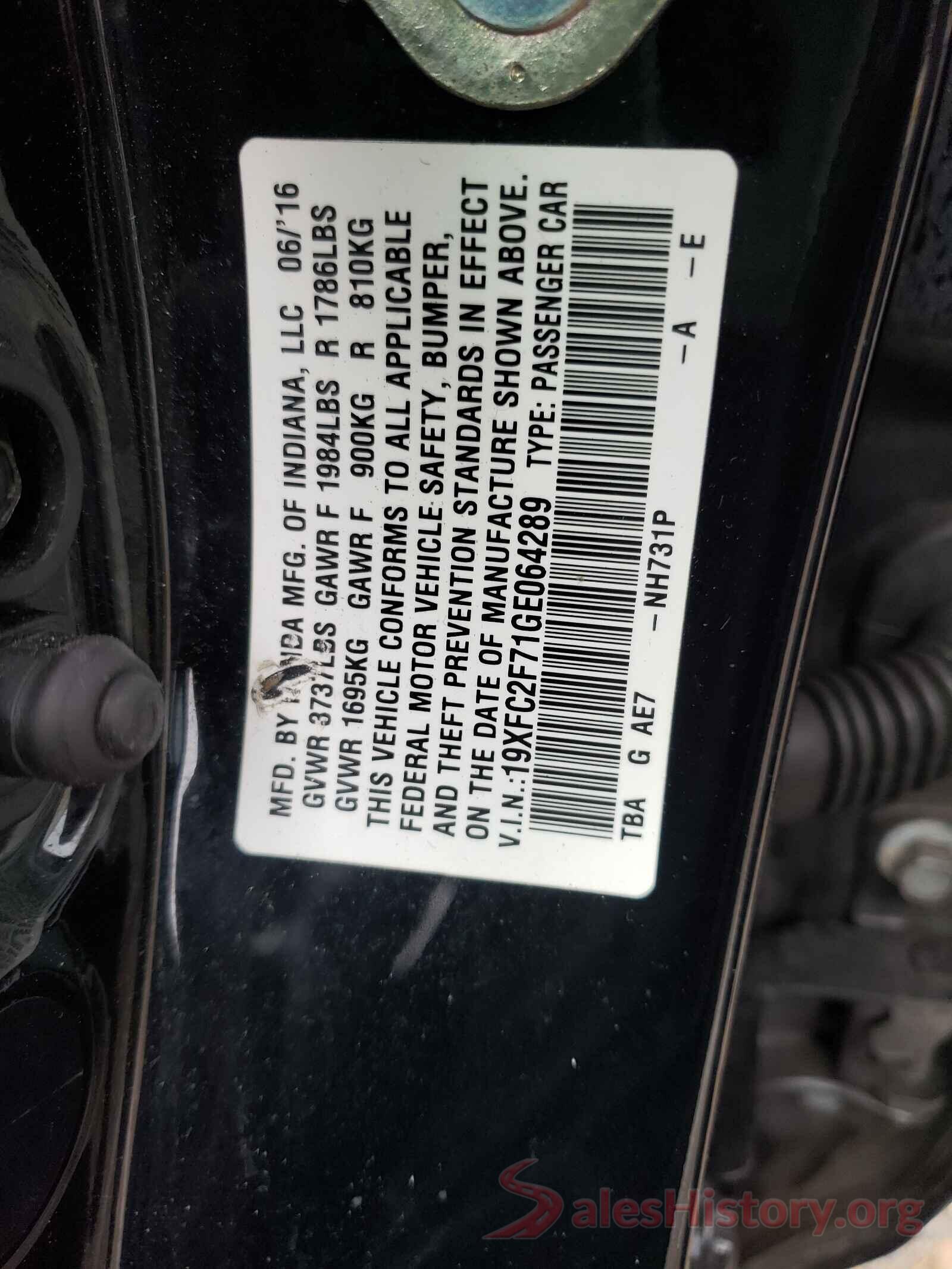 19XFC2F71GE064289 2016 HONDA CIVIC