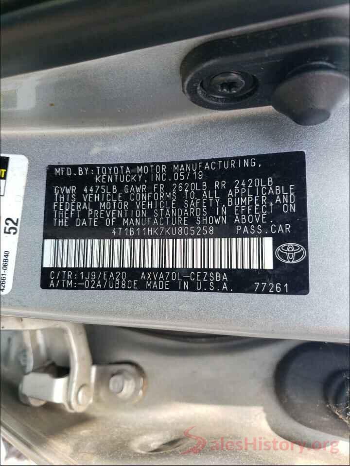 4T1B11HK7KU805258 2019 TOYOTA CAMRY