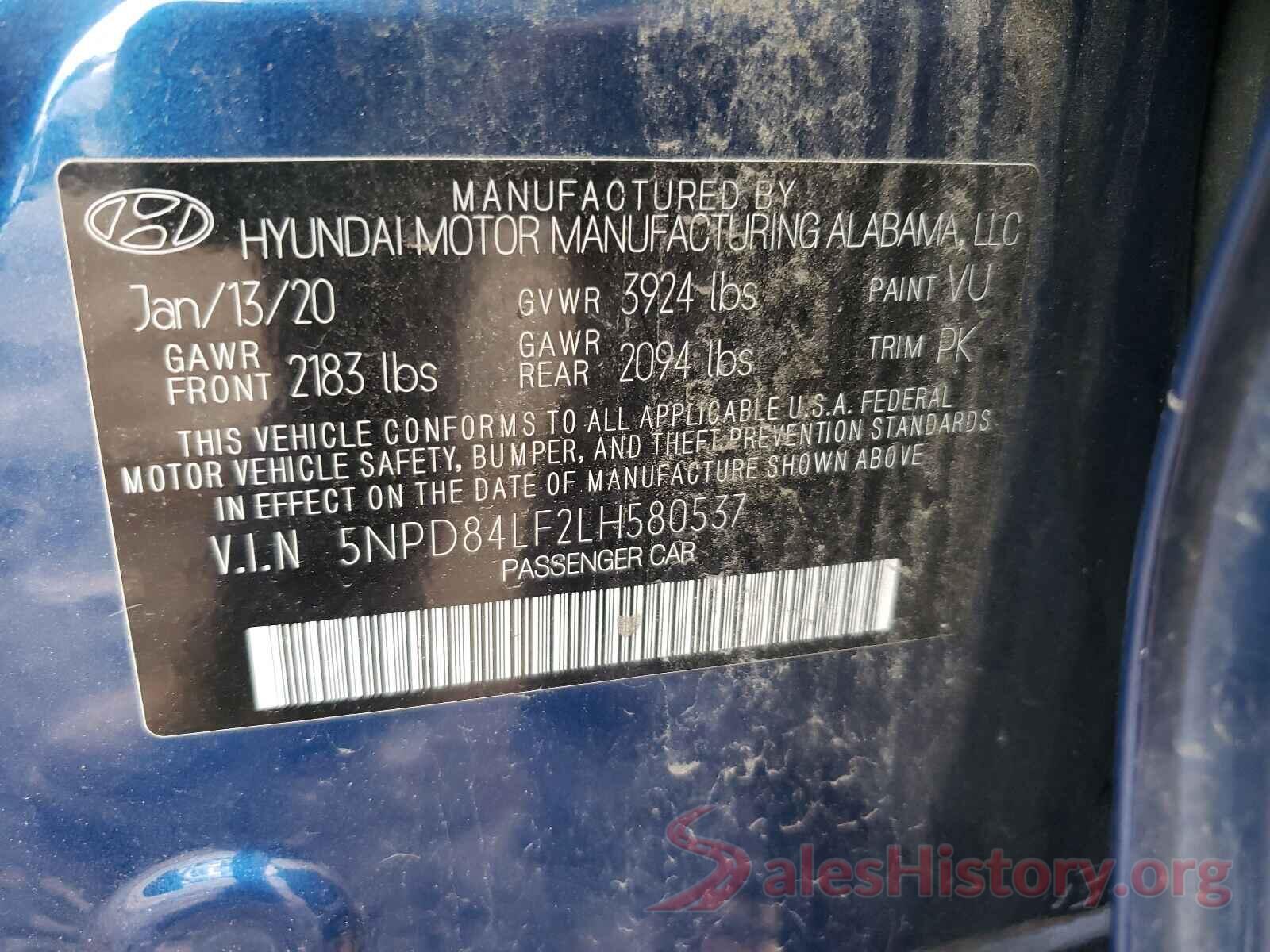 5NPD84LF2LH580537 2020 HYUNDAI ELANTRA